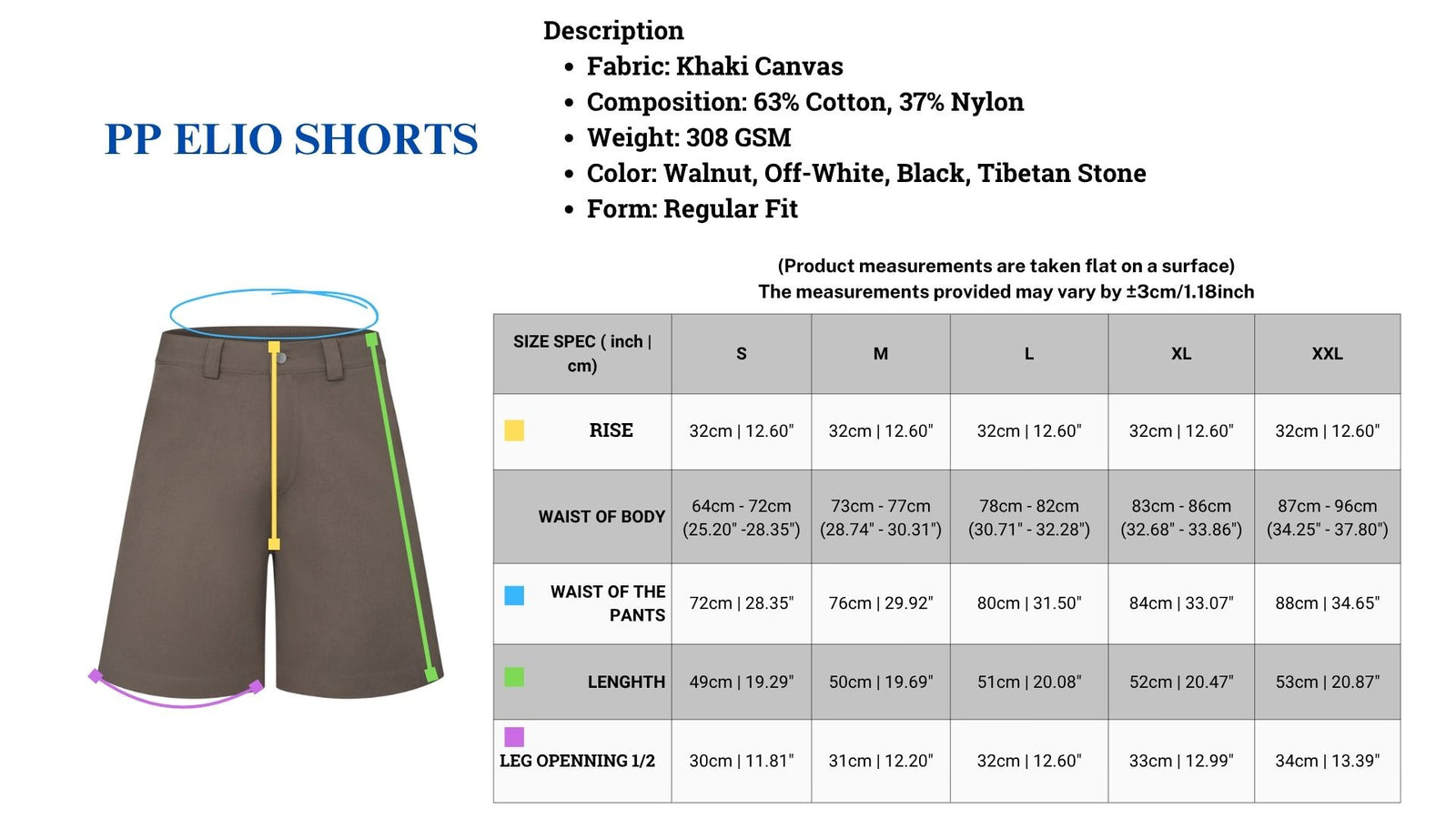 Elio Shorts 原廠尺寸圖