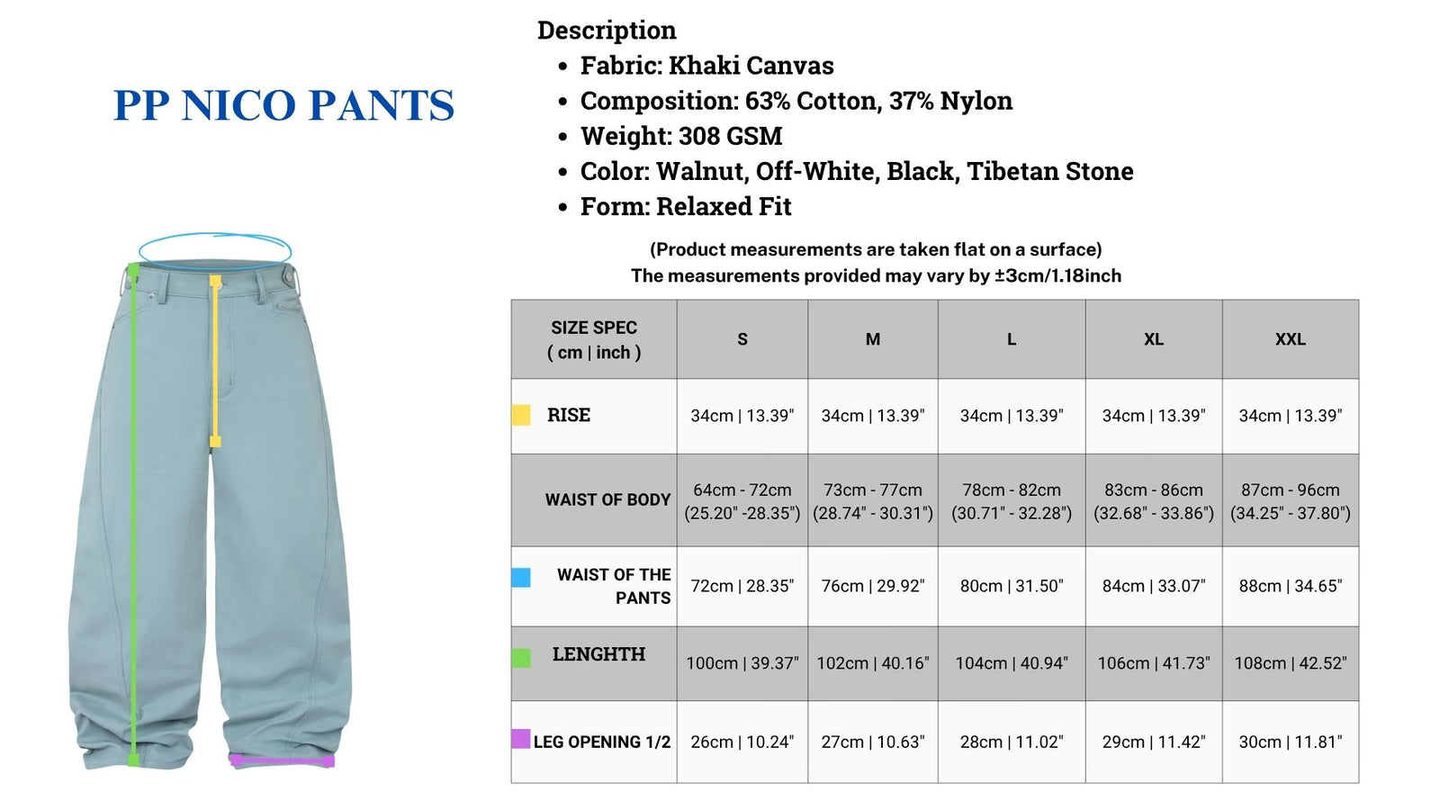 Nico Pants 原廠尺寸圖