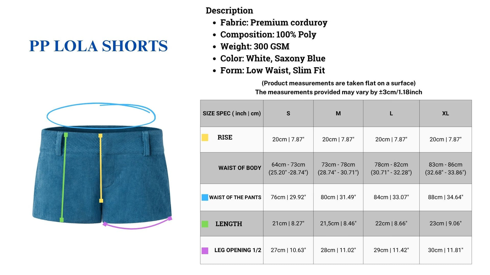 PP Lola Shorts 原廠尺寸圖