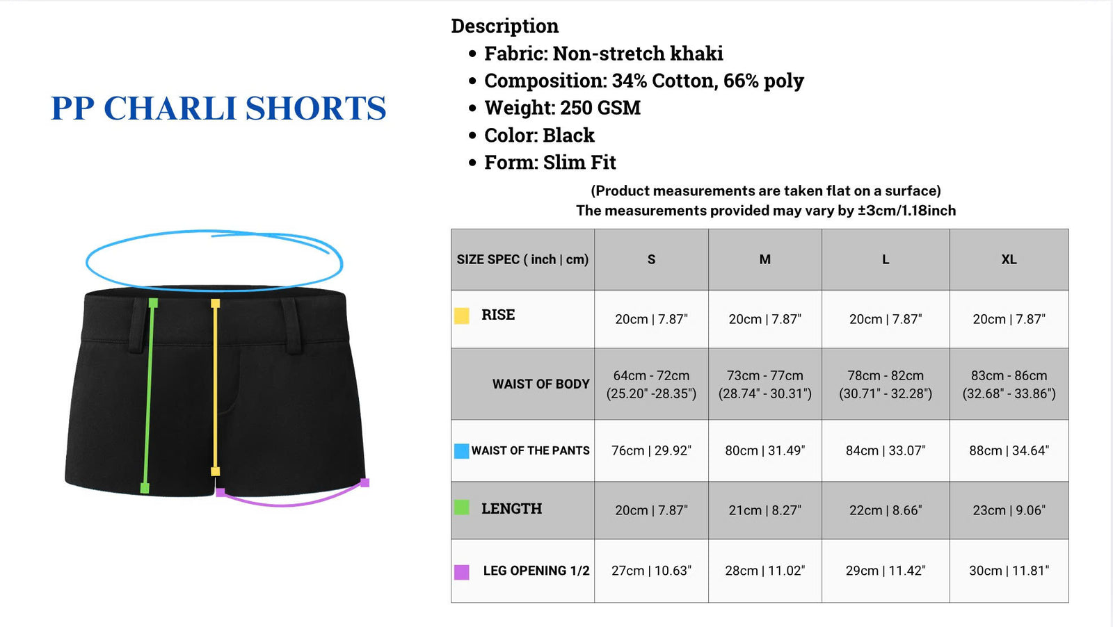 PP Charli Shorts 原廠尺寸圖